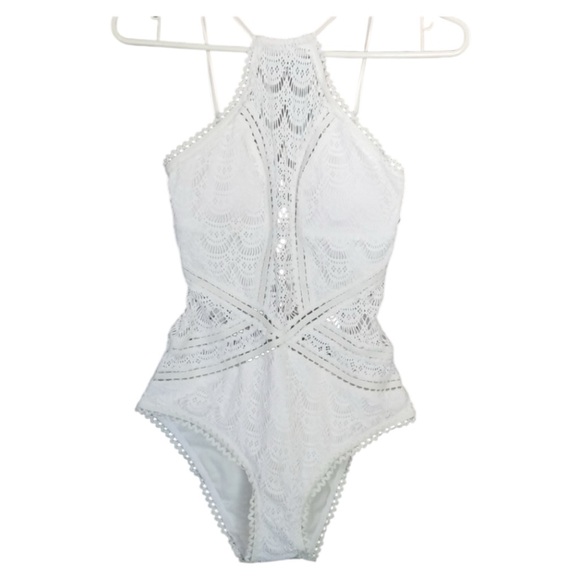 🤍 BECCA Prarie Rose WHITE High Neck Halter CROCHET LACE One Piece SWIMSUIT | S - Picture 13 of 15